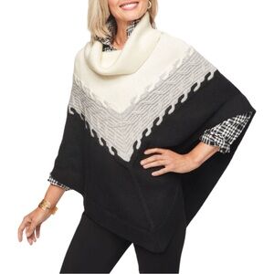 Talbots Colorblock Cable Knit Poncho Sweater Black Ivory Gray Small Cowl Neck